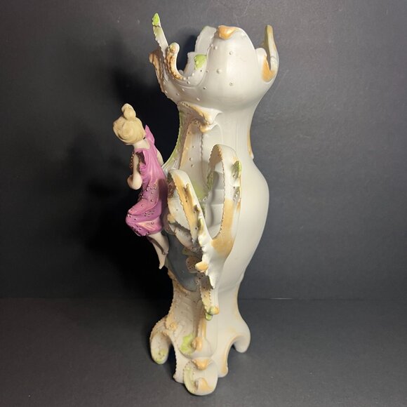Vintage Rare Saxony Art Nouveau Porcelain Floral Woman Figural Vase 12.5" - Picture 5 of 10